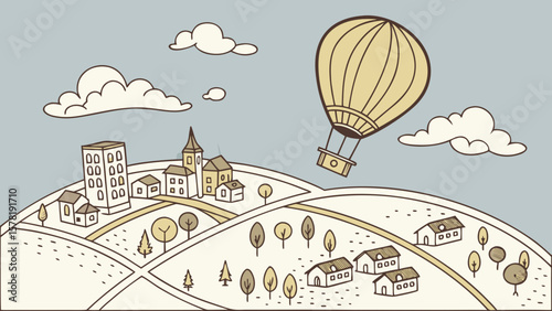 Vintage travel poster of hot air balloon flying over town with houses and buildings illustration art