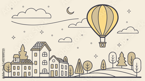 Hot air balloon over town vector illustration with houses trees clouds and moon at night scene drawing design