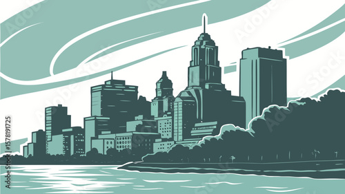 Cityscape skyline vector illustration of urban architecture and water view with buildings and sky, city art