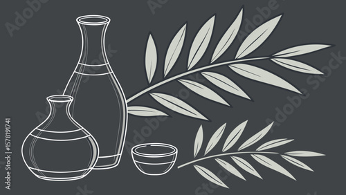 Elegant sake set illustration with leaves for japanese culture and traditional drink design concept art