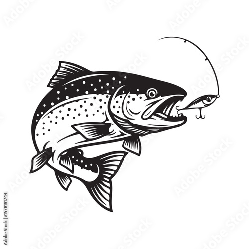 "Fishing Logo Design with Fish and Rod in Circular Badge Style – Black and White Vector Illustration"