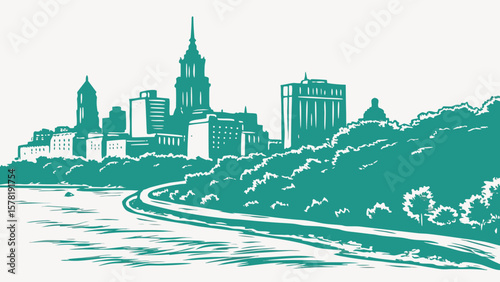 Cityscape skyline illustration with river and trees vector drawing for graphic design and art projects