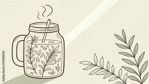 Herbal infused water in mason jar with straw vector illustration for healthy lifestyle and wellness 100