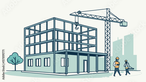 Building construction site with crane and workers illustration vector design concept idea for architecture project