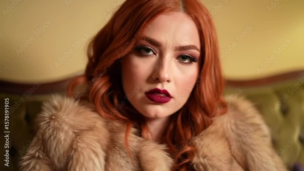 Woman with fiery red hair and sophisticated makeup in a vintage-inspired setting Woman with fiery red hair and sophisticated makeup in a vintage-inspired setting