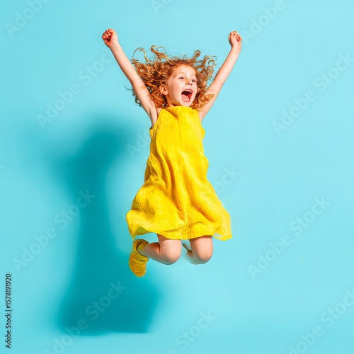 excited child girl jumping with arms up high energy colorful dress solid light blue background clean style
