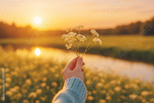 Hand Holding Wildflowers at Sunset in Mountain Meadow – Romantic Golden Hour Nature Scene