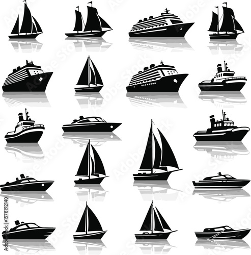 Vector art of extensive collection of boat and ship icons with reflections