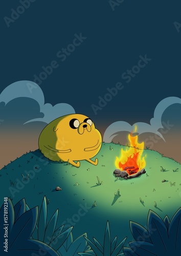 Cartoon Dog Sitting by Campfire at Night