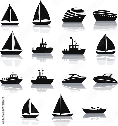Vector art of assortment of marine vessels including sailboats and motorboats