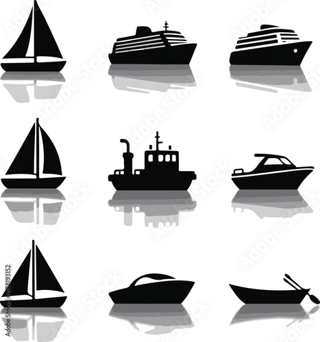 Vector art of variety of watercrafts, from sailboats to modern motor yachts