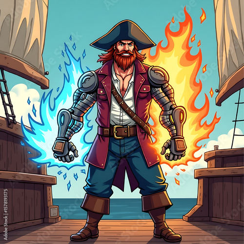 A powerful pirate captain stands with fiery and icy elemental powers, ready for battle.