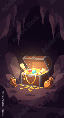 An open treasure chest overflowing with gold coins, jewels, and scrolls, set within a dark cave.