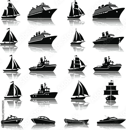 Vector art of collection of various boat and ship silhouettes