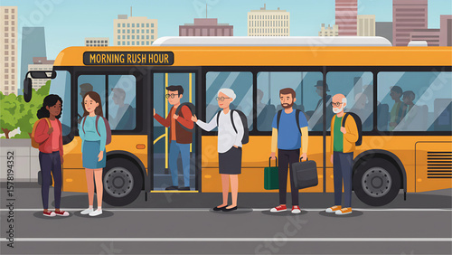 Morning Rush Hour on City Bus – Diverse Characters Boarding and Standing - Scene 3