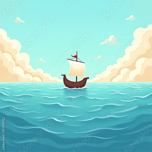 Cartoon ship sailing on a wavy blue sea under a bright sky with fluffy clouds.