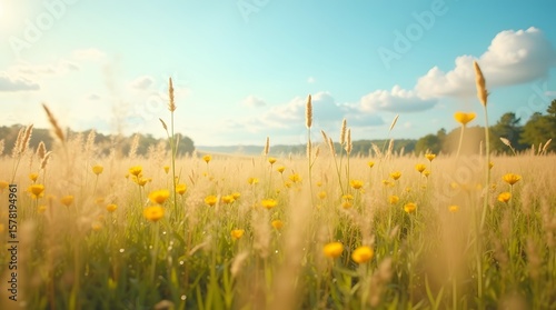 Fototapeta Naklejka Na Ścianę i Meble -  A beautiful summer meadow filled with yellow wildflowers under a bright, hazy sky. A peaceful and idyllic countryside landscape scene.