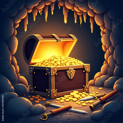 A treasure chest overflowing with gold coins sits in a cave, with swords scattered nearby.