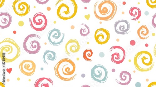 A playful seamless pattern with colorful swirls and little hearts. A fun and festive background for kids, birthdays, or any cheerful celebration. Abstract and happy design.