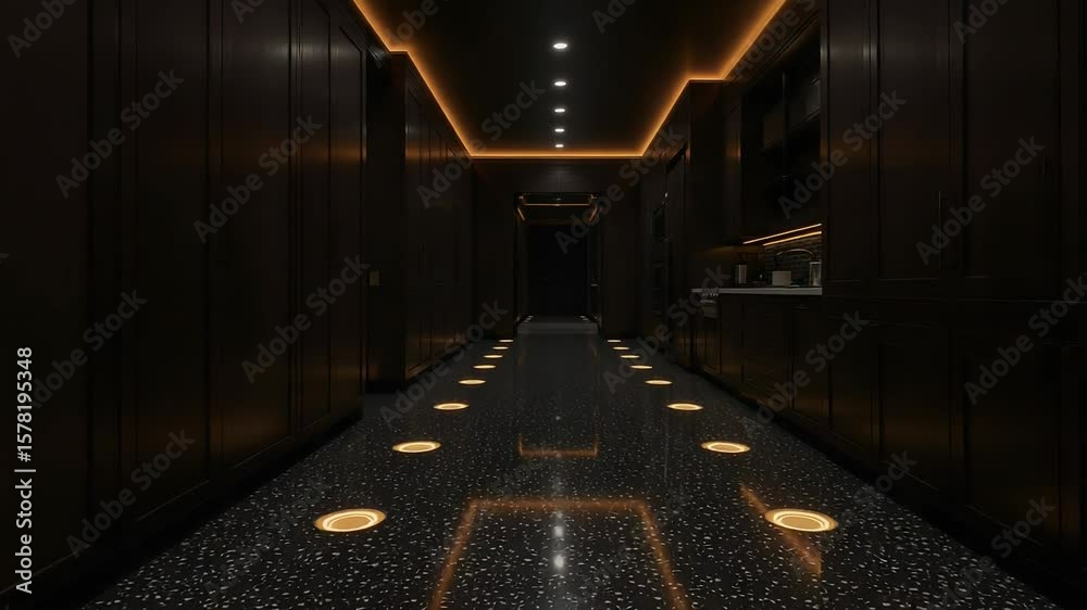 Smooth Forward Movement Through a Modern Luxury Hallway with Illuminated Floor