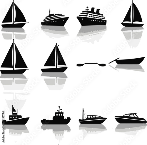 Vector art of various boat and ship silhouettes arranged on a white background
