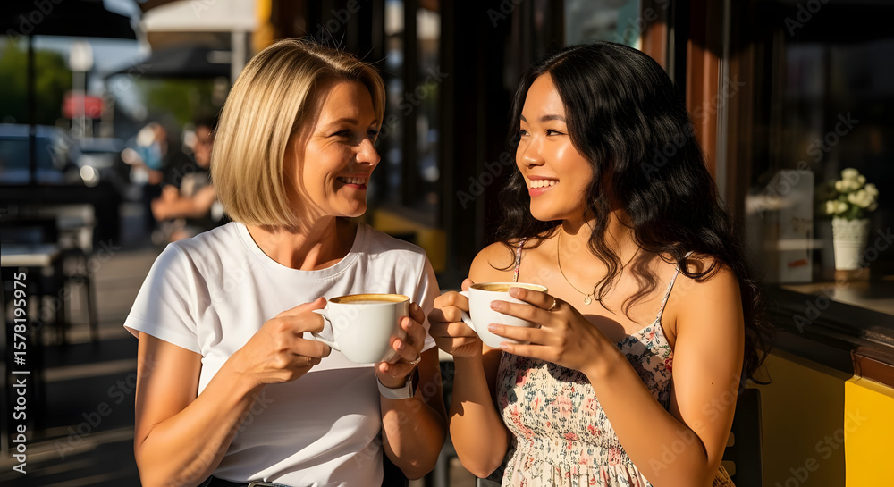 Casual photo of mother and adult daughter sipping coffee at a sunny café, blurred background and soft shadow on wall. Casual photo of mother and adult daughter sipping coffee at a sunny café, blurred background and soft shadow on wall.