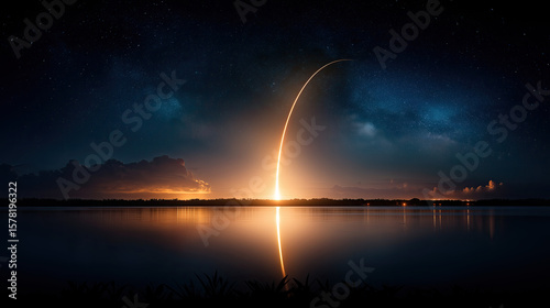 Long‑Exposure Rocket Launch Arc Reflected on Calm Water Under Starry Sky