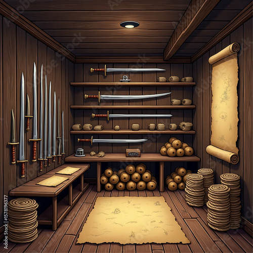 A wooden room displays various swords, scrolls, and other medieval items.