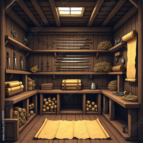 Wooden storage room filled with weapons, scrolls, rope, and supplies, illuminated by a skylight.