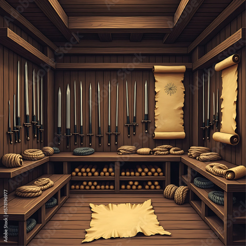 A rustic wooden armory displays an array of swords, ropes, and other medieval weaponry and supplies.