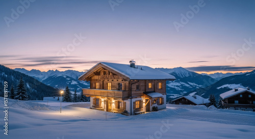 Illuminated Wooden Chalet with SnowCovered Roof at Dusk in the Mountains.