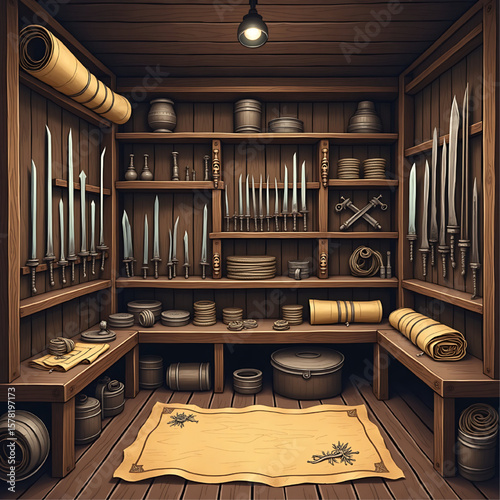 Interior view of a wooden armory, displaying swords and various historical items.