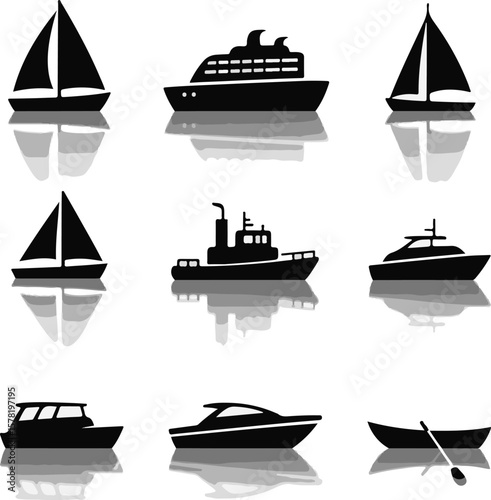 Vector art of collection of various boat and ship silhouettes