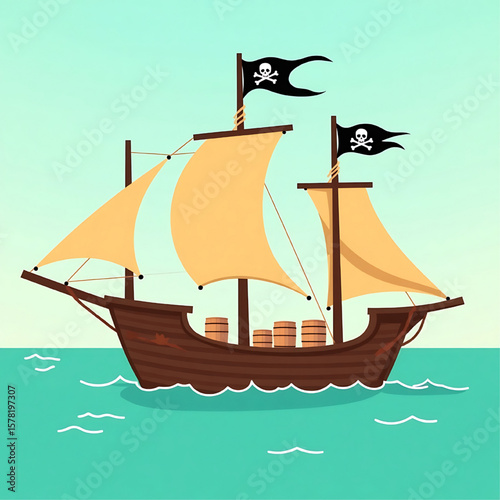 A pirate galleon sails the sea, its sails full, carrying treasure chests under a pirate flag.
