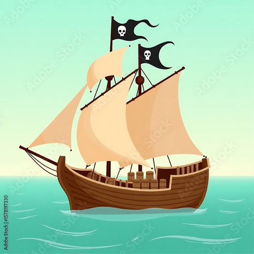 A cartoon pirate ship sailing on the sea with skull flags, barrels, and billowing sails.