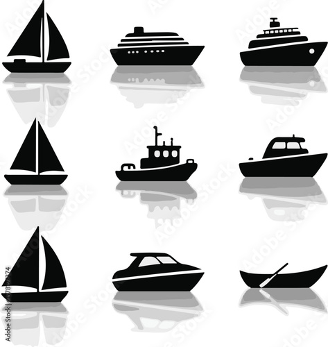 Vector art of a collection of various boats and ships on water