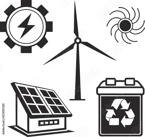 Renewable Energy Sources Icons Solar Panel Wind Turbine Battery and Geothermal