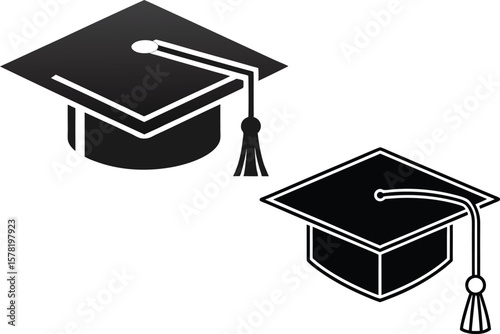 Two graduation caps in black and white for educational achievement concept
