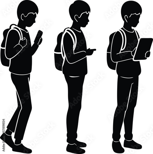 Silhouette of students using technology with backpacks in black and white style