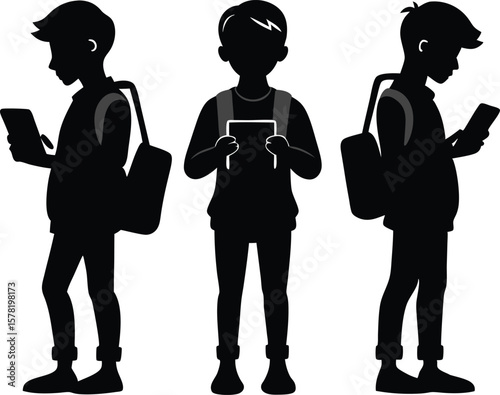 Silhouette of students with backpacks and books representing education and learning