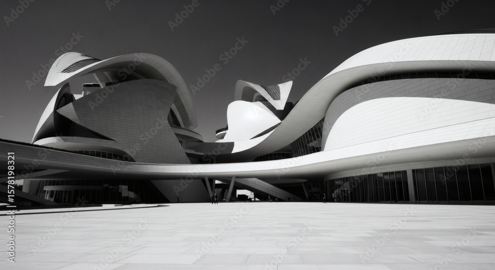 Obraz premium Modern Architectural Structure with Flowing Forms in Black and White.