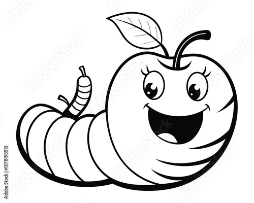 Cute Cartoon Apple Worm Character for Coloring Book or Educational Materials