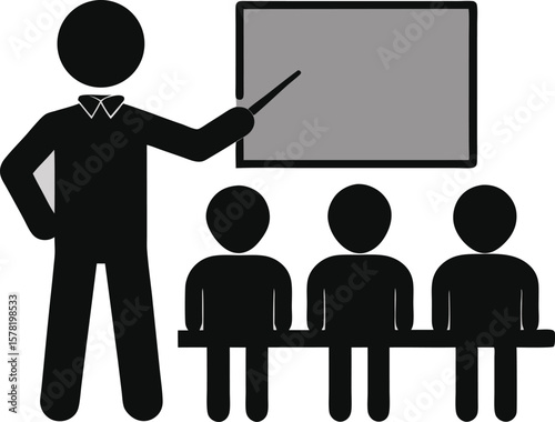Stick Figure Teacher Presenting to Students in Classroom with Chalkboard Illustration