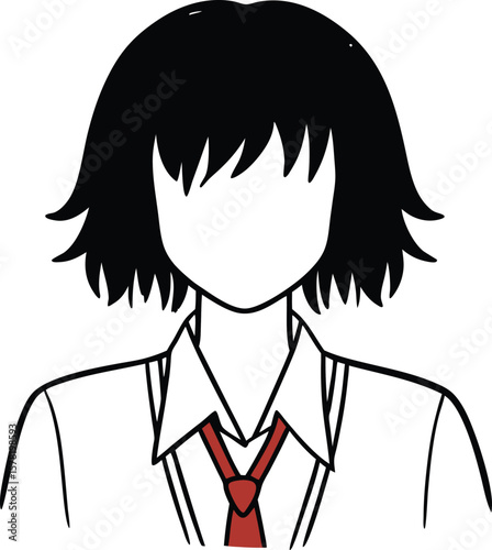 Simple Anime Style Schoolgirl with Black Hair and Red Tie Illustration