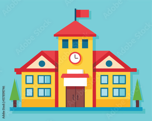 Colorful cartoon school building with clock and flag for education concept