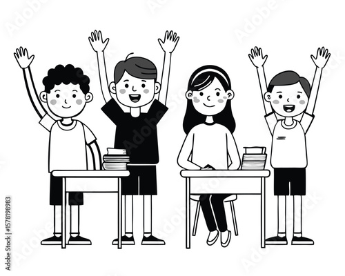 Enthusiastic students raising hands in classroom black and white vector illustration