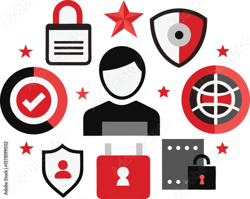 Data Protection and Security Icons with User Shield and Padlock Elements