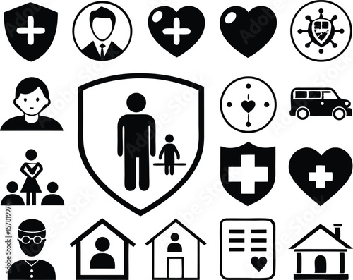 Health and Welfare Icons Representing Family Safety and Community Services in Black