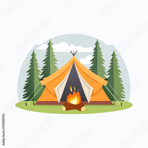 Orange camping tent in a forest scene with a campfire.