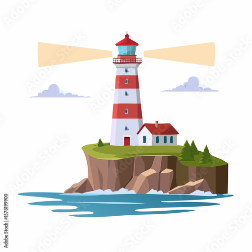 A cartoon lighthouse on a cliff emitting light across the ocean.